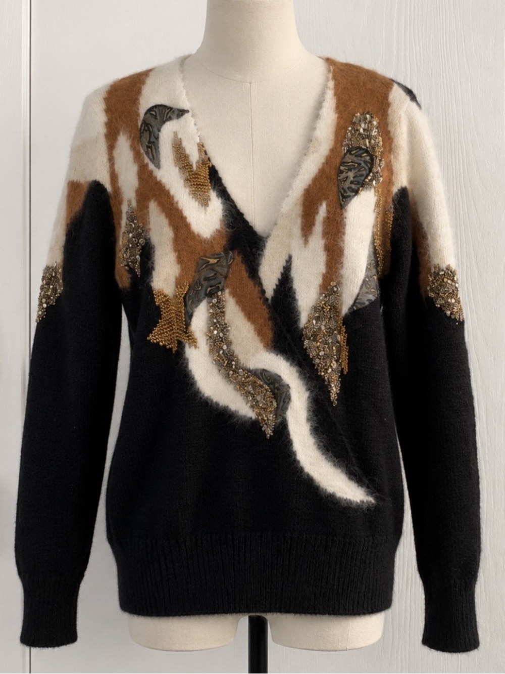 Vintage Eugenia Angora Blend Black & Brown Embellished V-Neck Sweater Size S